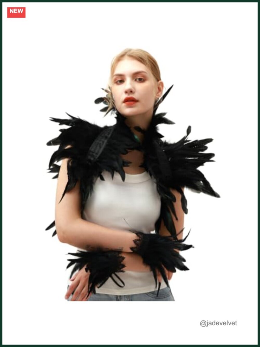 Gothic Feather Shawl and Wrist Cuffs Set Cosplay Halloween Costume Accessory